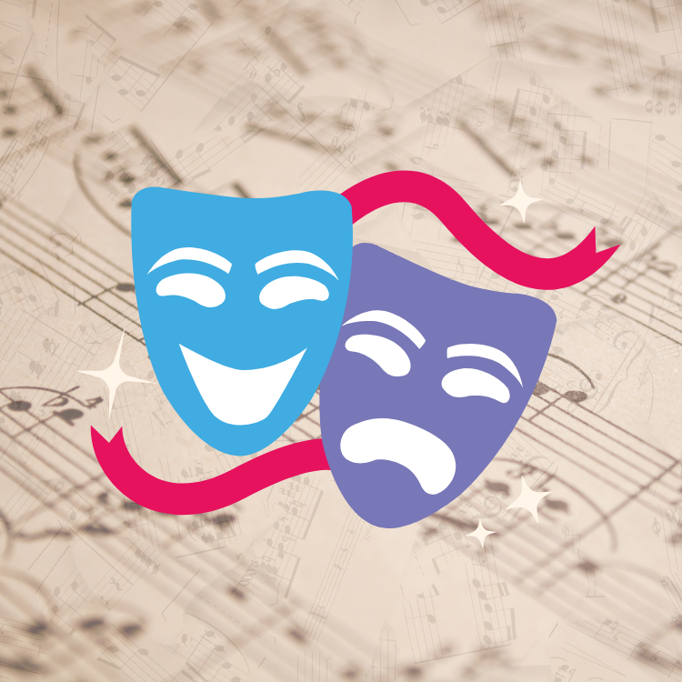 Drama mask with music sheet in background